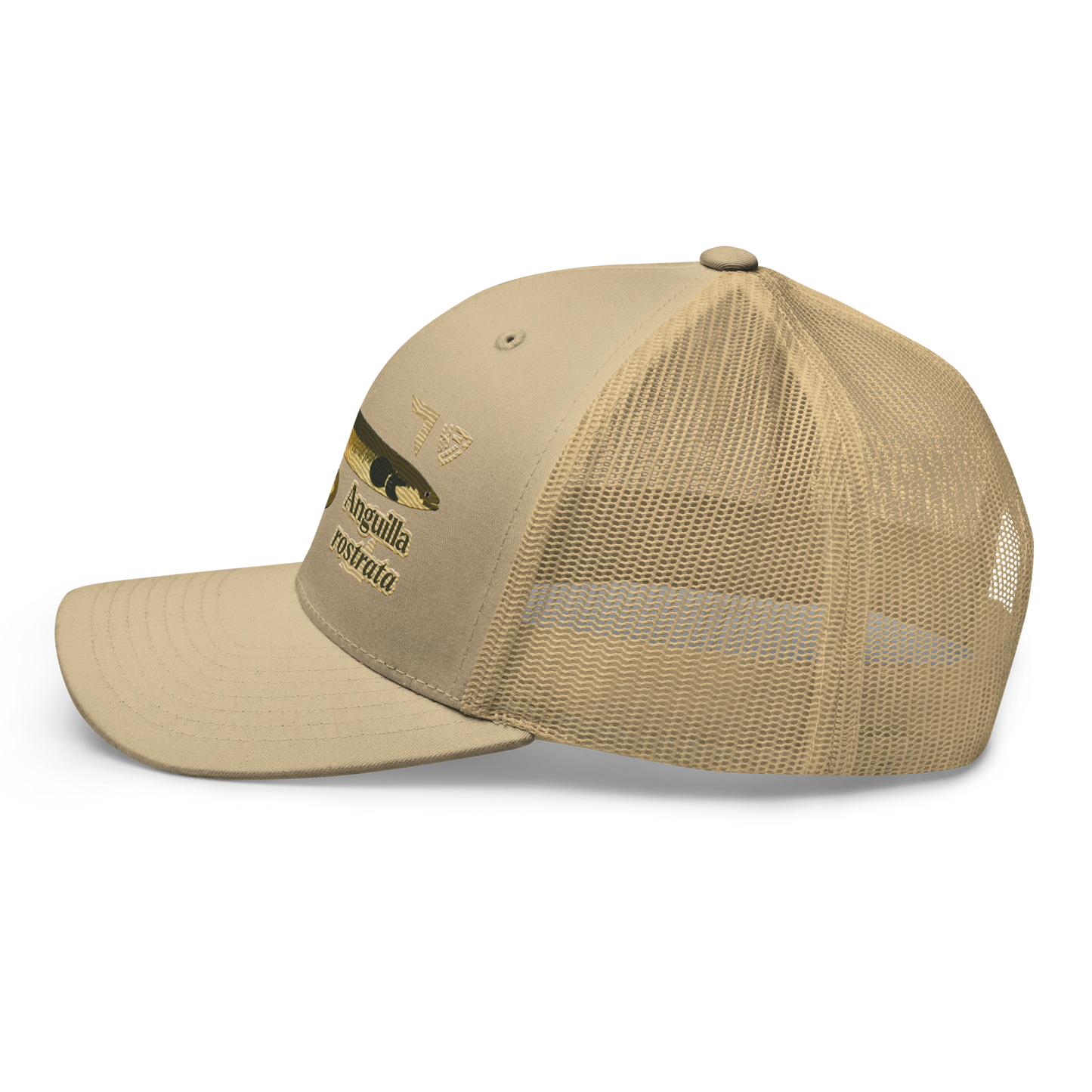 American Eel "Anguilla rostrata" Embroidered Khaki Trucker Hat Left Mockup