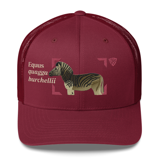 Bontequagga "Equua quagga burchellii" Embroidered Cranberry Red Trucker Hat Front Mockup