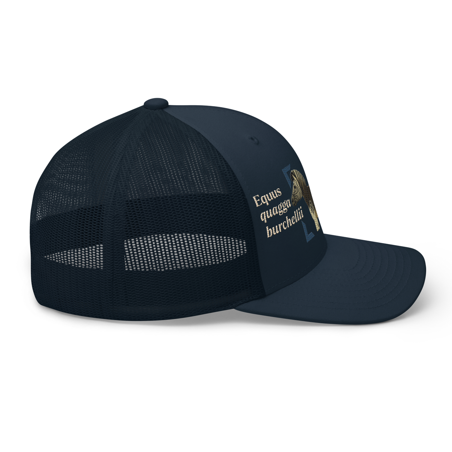 Bontequagga "Equua quagga burchellii" Embroidered Navy Blue Trucker Hat Right Mockup