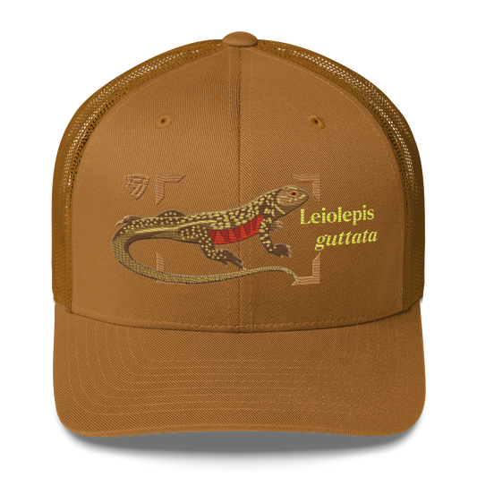 Giant Butterfly Lizard "Leiolepis guttata" Embroidered Caramel Trucker Hat Front Mockup