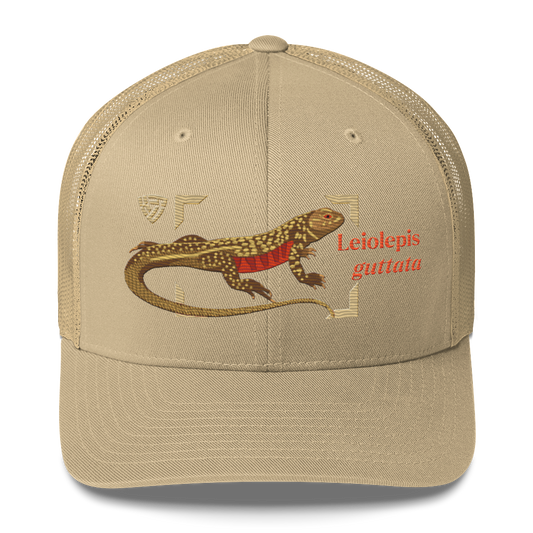 Giant Butterfly Lizard "Leiolepis guttata" Embroidered Khaki Trucker Hat Front Mockup