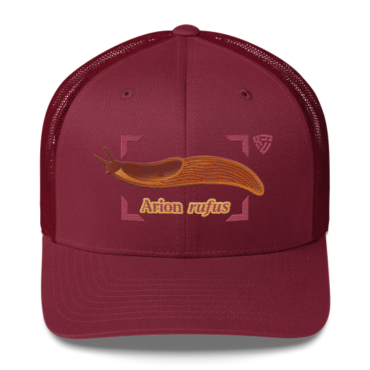 The Large Red Slug "Arion rufus" Embroidered Cranberry Red Trucker Hat Front Mockup