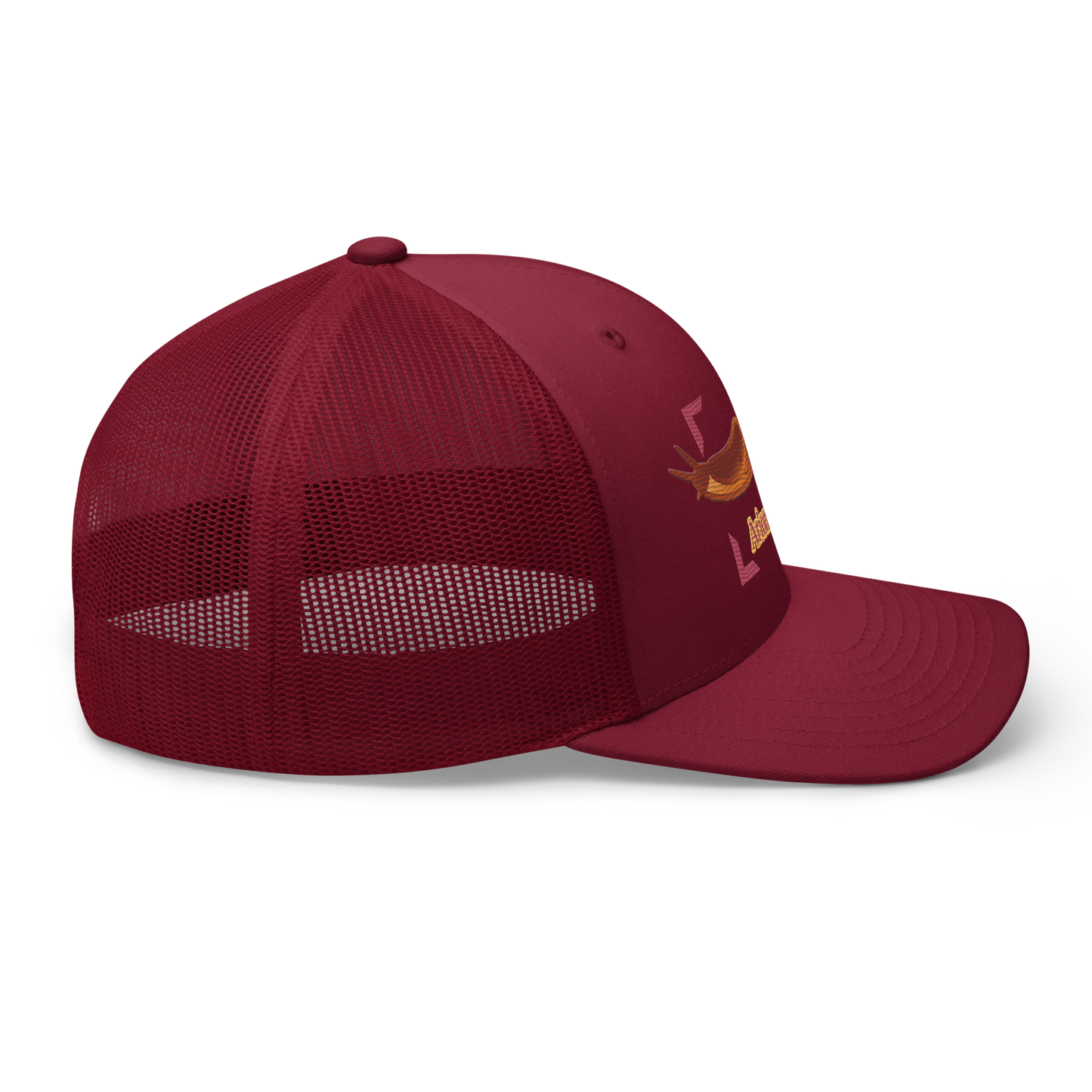 The Large Red Slug "Arion rufus" Embroidered Cranberry Red Trucker Hat Right Mockup