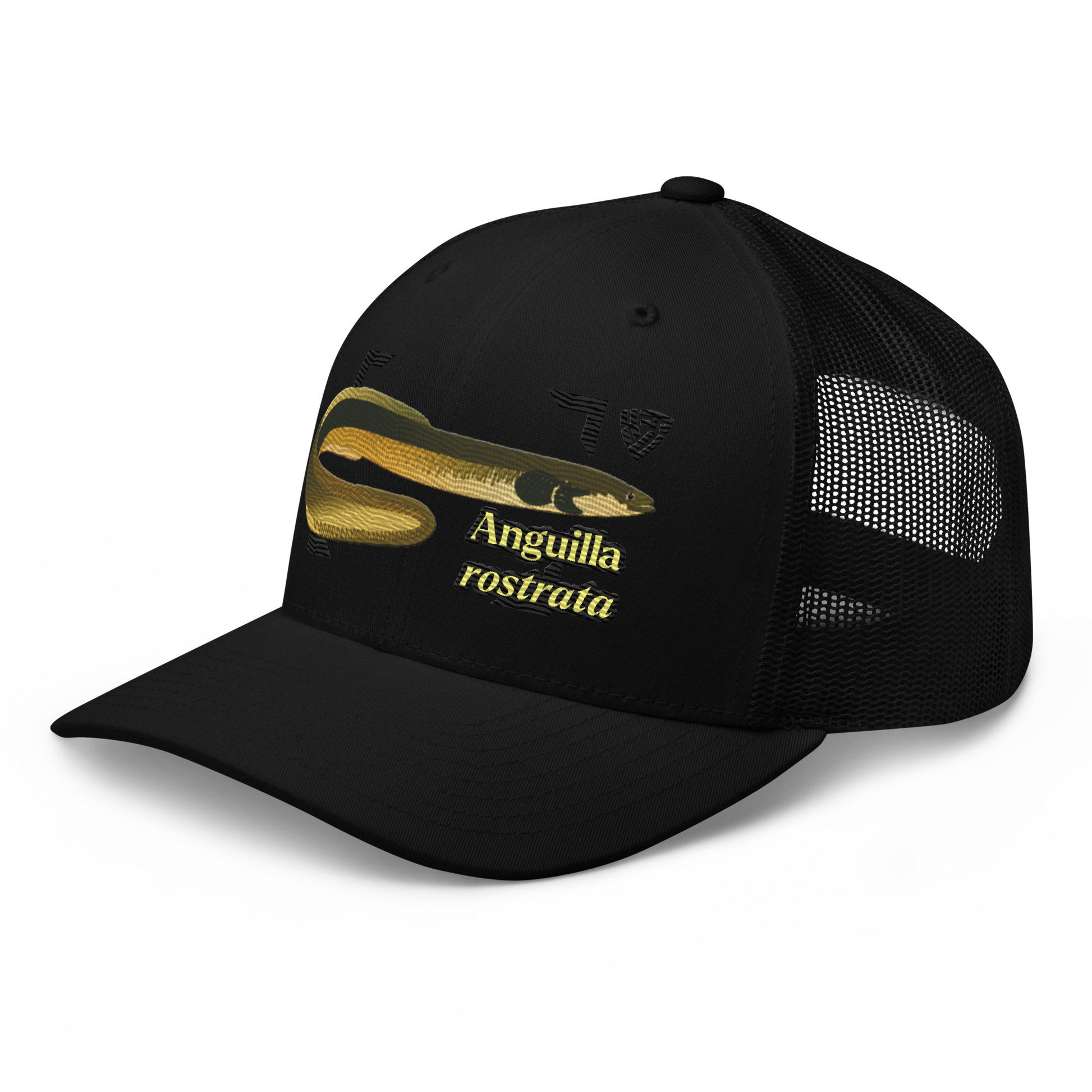 American Eel "Anguilla rostrata" Embroidered Black Trucker Hat Left Mockup