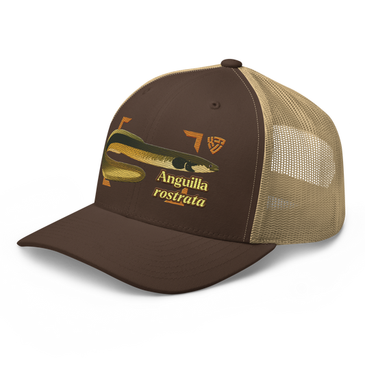 American Eel "Anguilla rostrata" Embroidered Brown & Khaki Trucker Hat Left Front Mockup