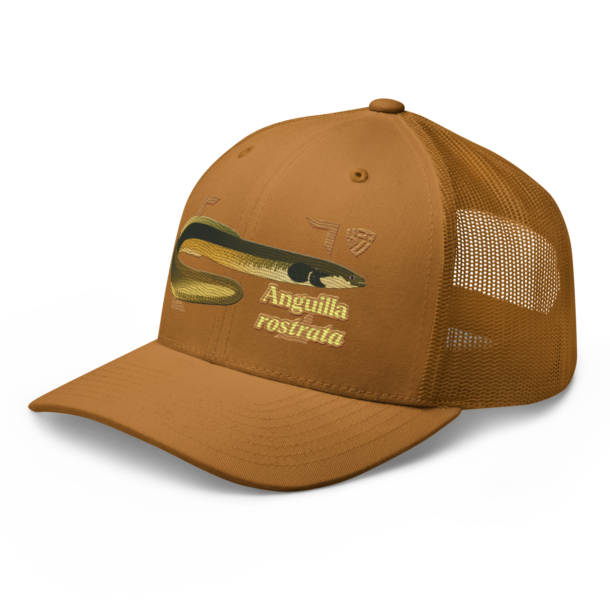 American Eel "Anguilla rostrata" Embroidered Caramel Trucker Hat Left Front Mockup