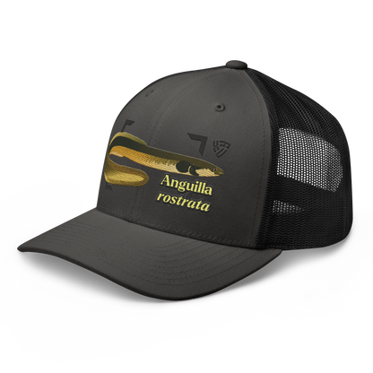 American Eel "Anguilla rostrata" Embroidered Charcoal Grey & Black Trucker Hat Left Front Mockup