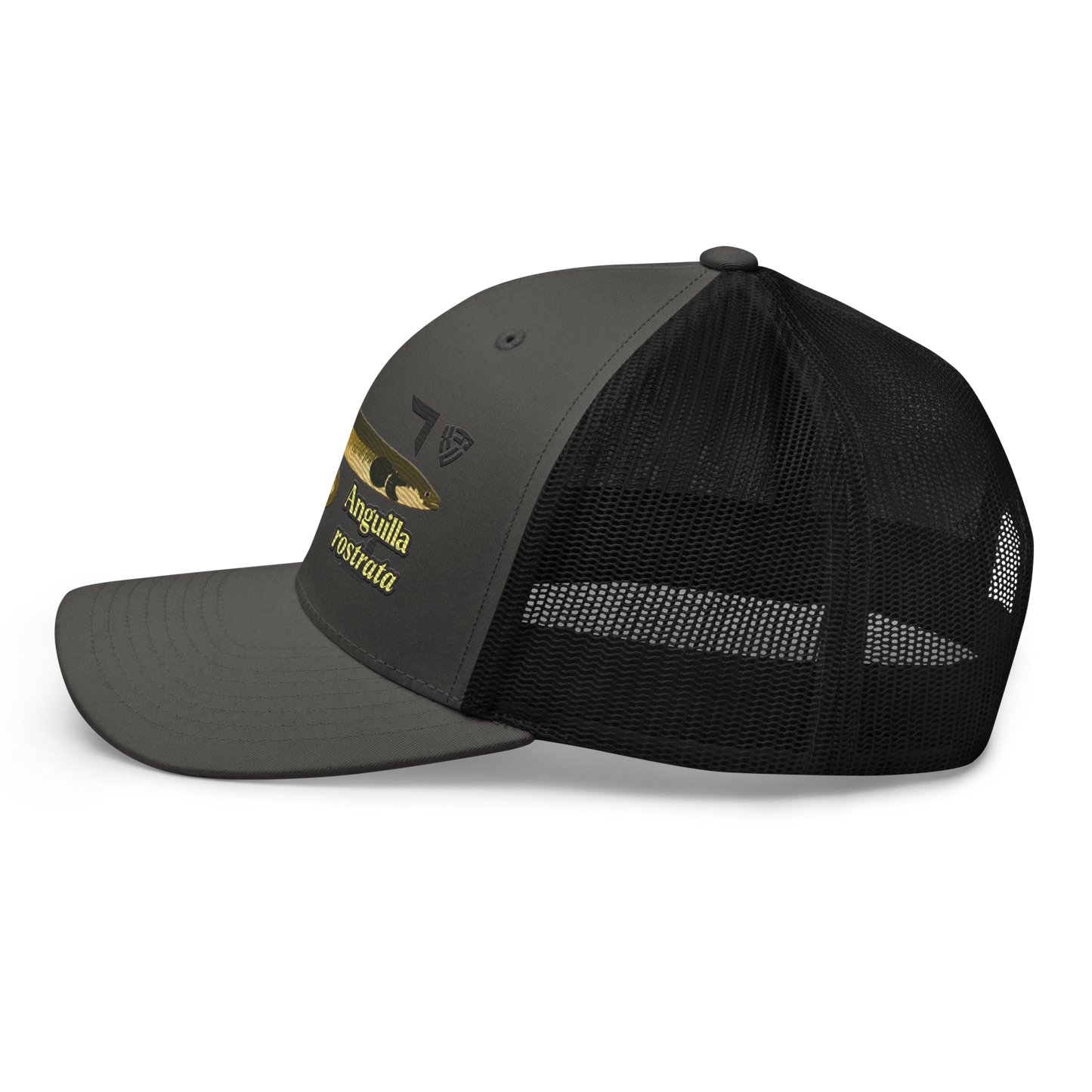 American Eel "Anguilla rostrata" Embroidered Charcoal Grey & Black Trucker Hat Left Mockup