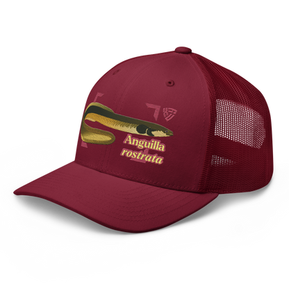 American Eel "Anguilla rostrata" Embroidered Cranberry Red Trucker Hat Left Front Mockup