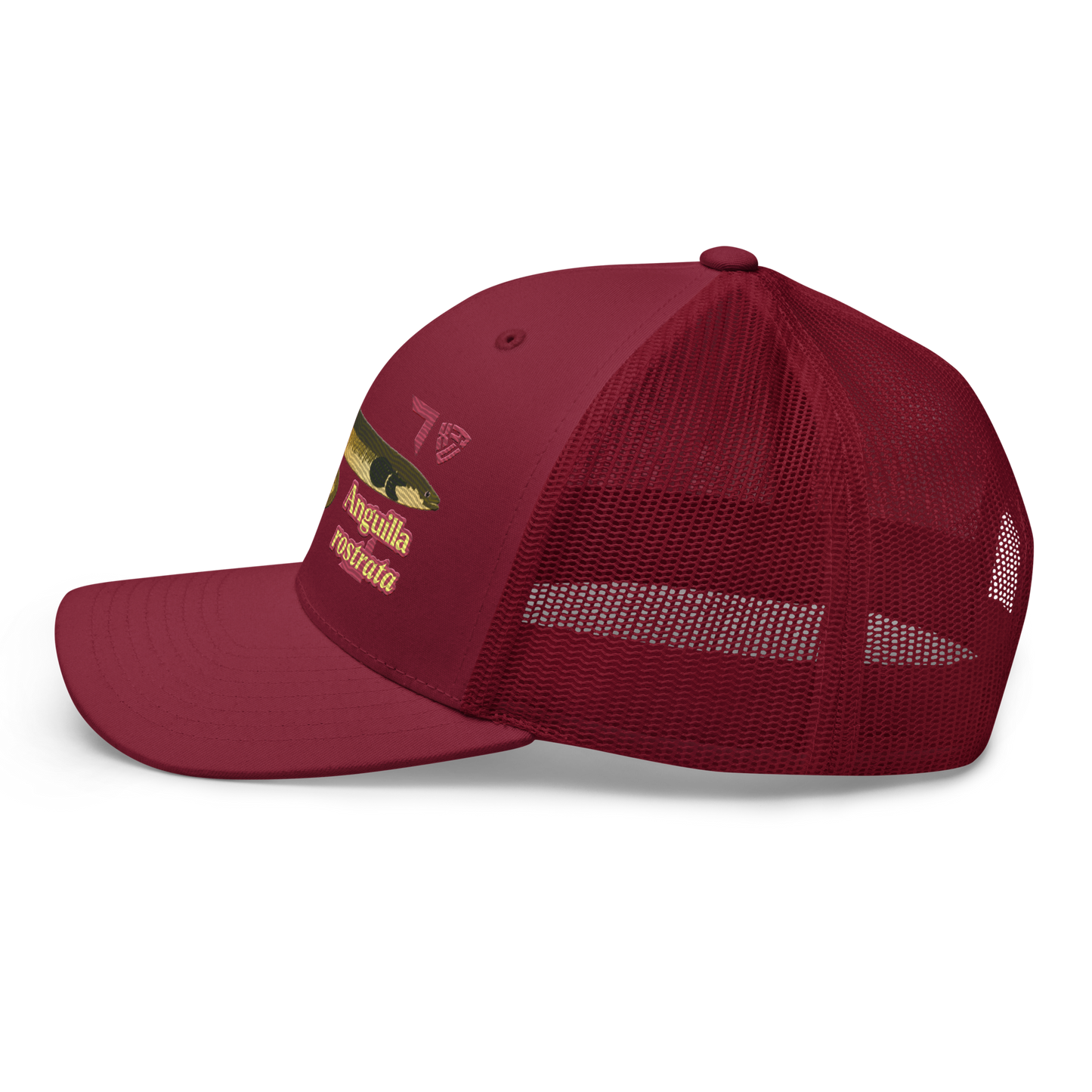 American Eel "Anguilla rostrata" Embroidered Cranberry Red Trucker Hat Left Mockup