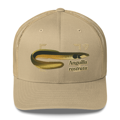 American Eel "Anguilla rostrata" Embroidered Khaki Trucker Hat Front Mockup