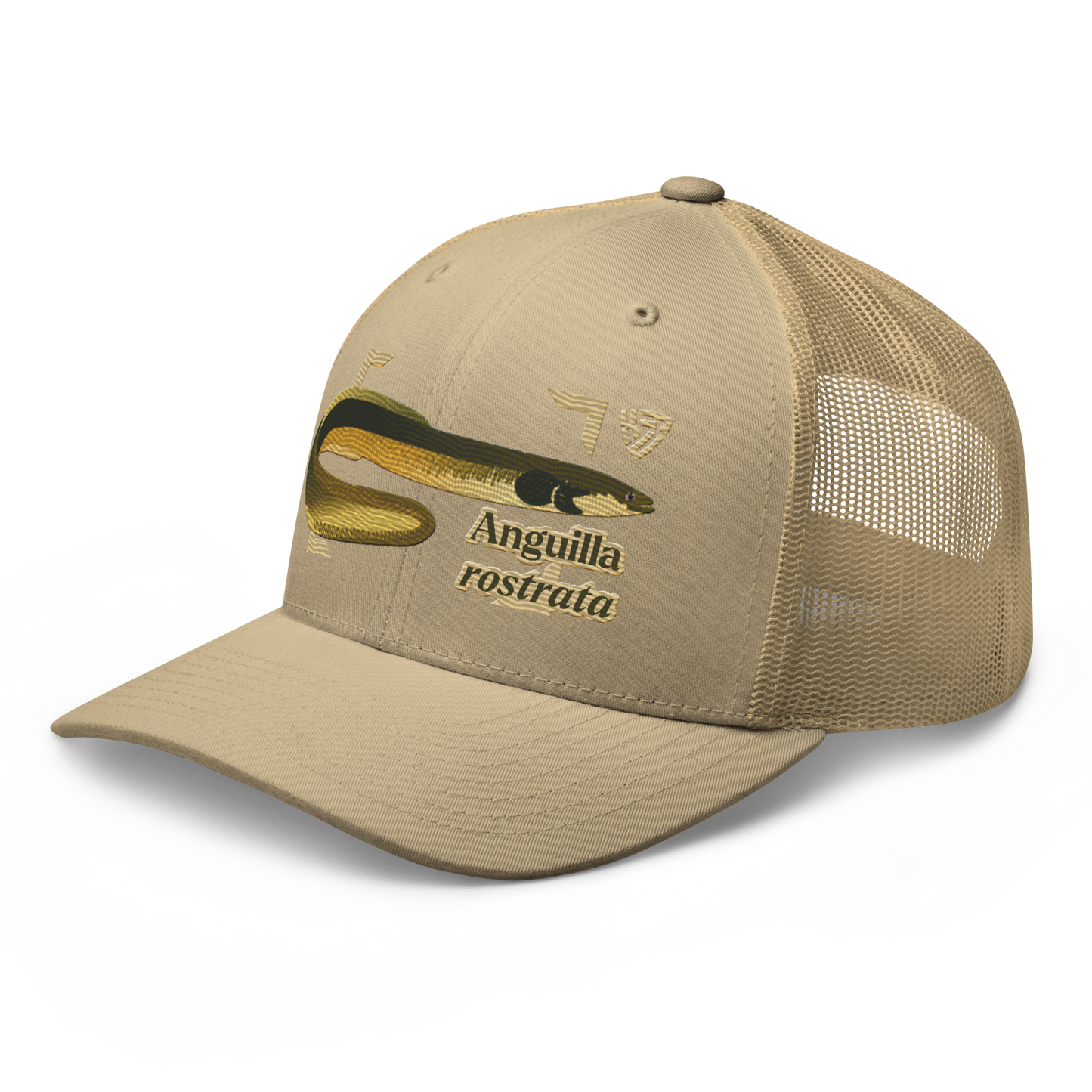 American Eel "Anguilla rostrata" Embroidered Khaki Trucker Hat Left Front Mockup