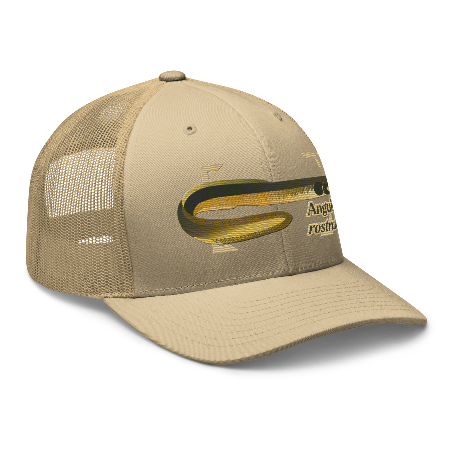 American Eel "Anguilla rostrata" Embroidered Khaki Trucker Hat Right Front Mockup
