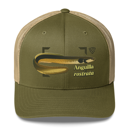 American Eel "Anguilla rostrata" Embroidered Moss Green & Khaki Trucker Hat Front Mockup