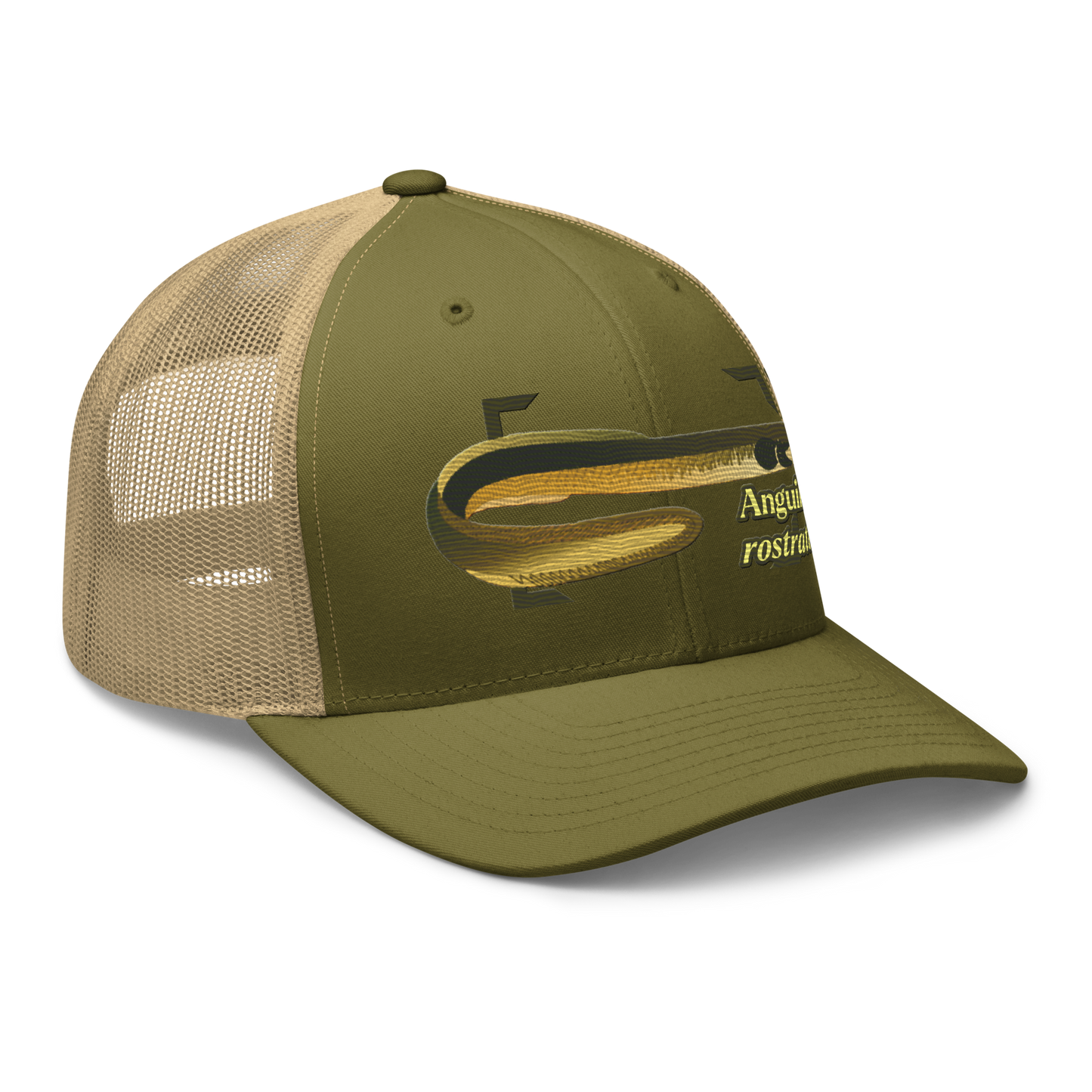 American Eel "Anguilla rostrata" Embroidered Moss Green & Khaki Trucker Hat Right Front Mockup