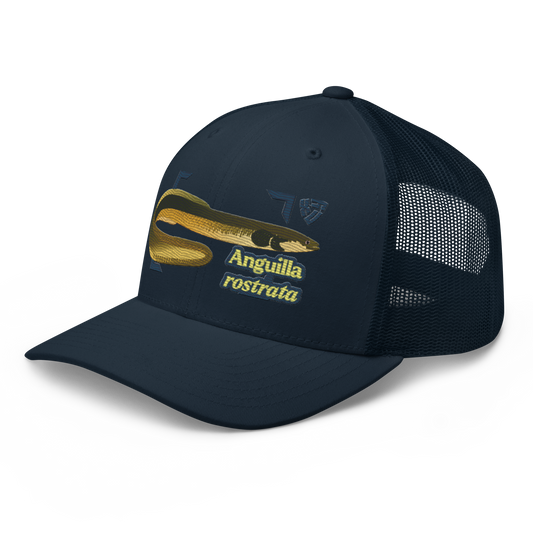 American Eel "Anguilla rostrata" Embroidered Navy Blue Trucker Hat Left Front Mockup