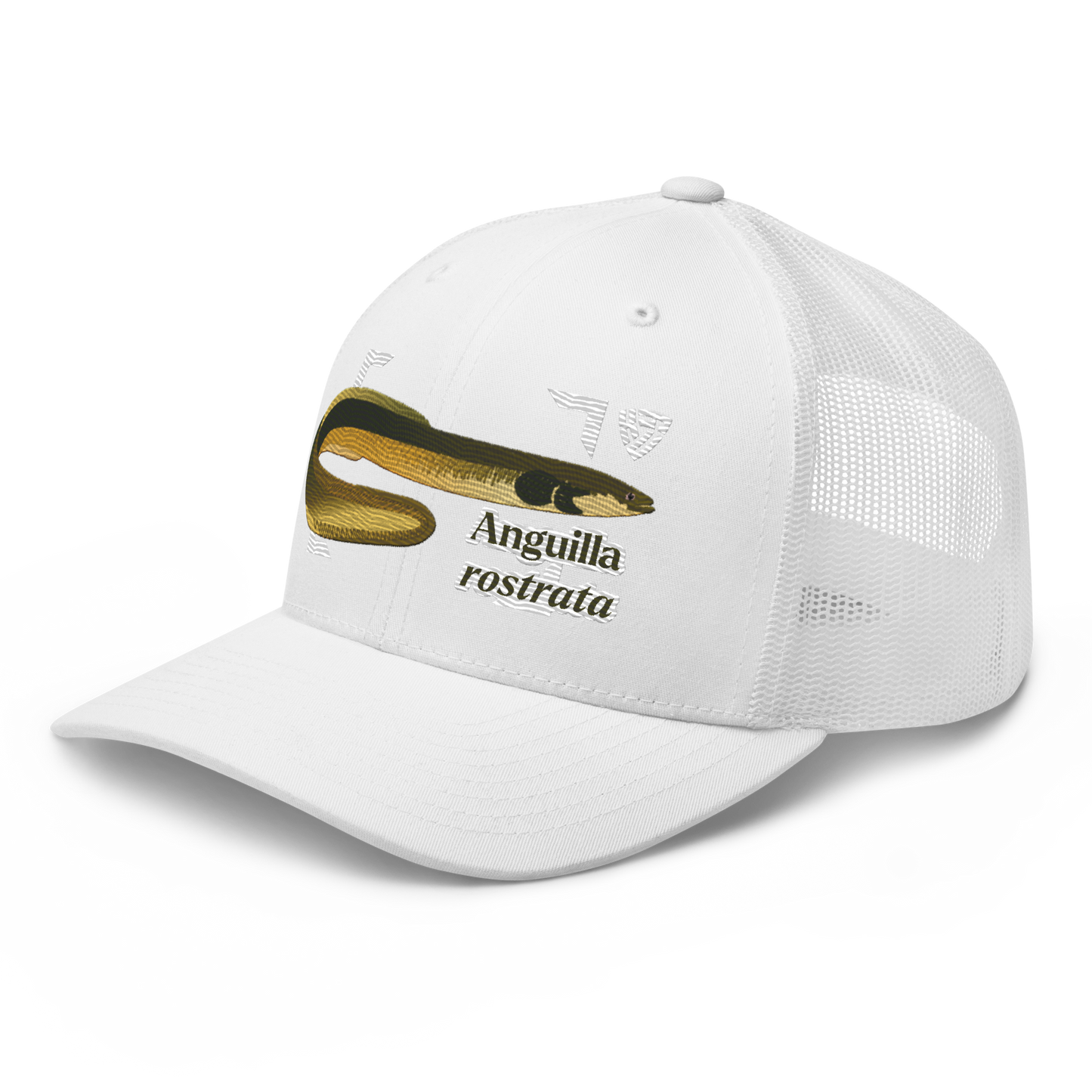 American Eel "Anguilla rostrata" Embroidered White Trucker Hat Left Front Mockup