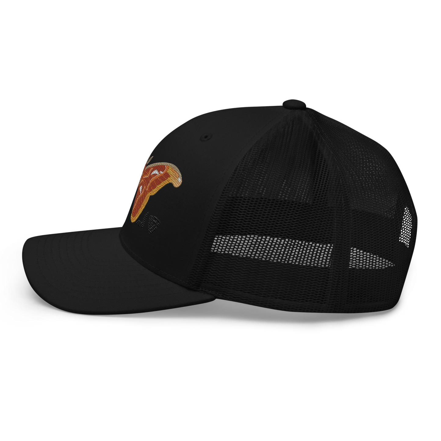 Atlas Moth "Attacus taprobanis" Embroidered Black Trucker Hat Left Mockup