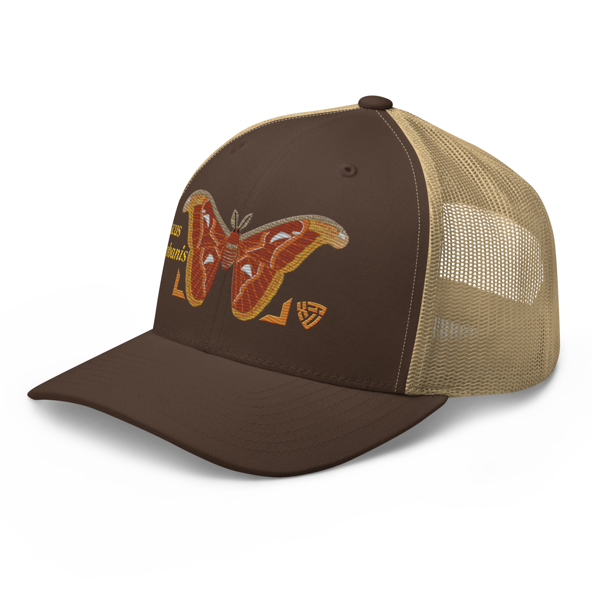 Atlas Moth "Attacus taprobanis" Embroidered Brown & Khaki Trucker Hat Left Front Mockup