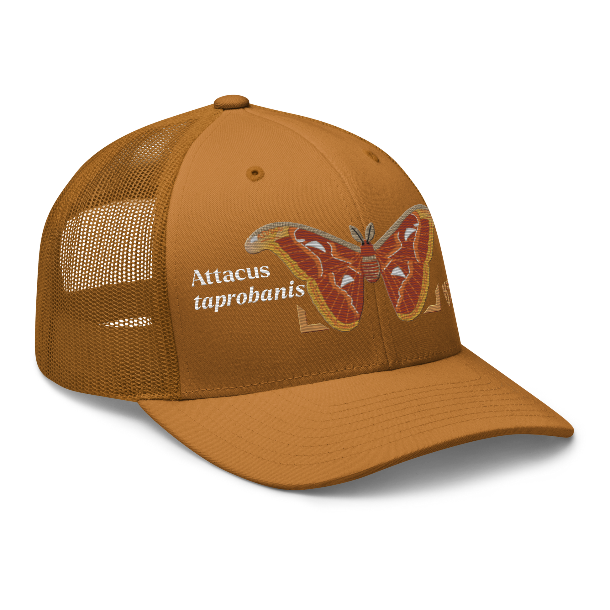 Atlas Moth "Attacus taprobanis" Embroidered Caramel Trucker Hat Right Front Mockup