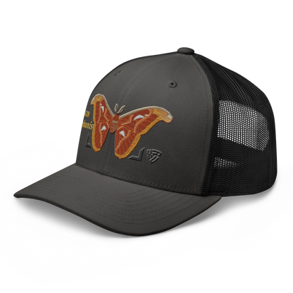Atlas Moth "Attacus taprobanis" Embroidered Charcoal Grey & Black Trucker Hat Left Front Mockup