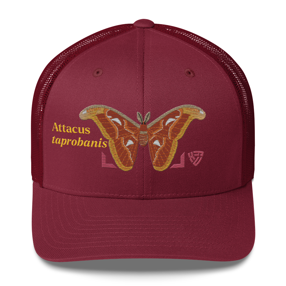 Atlas Moth "Attacus taprobanis" Embroidered Cranberry Red Trucker Hat Front Mockup