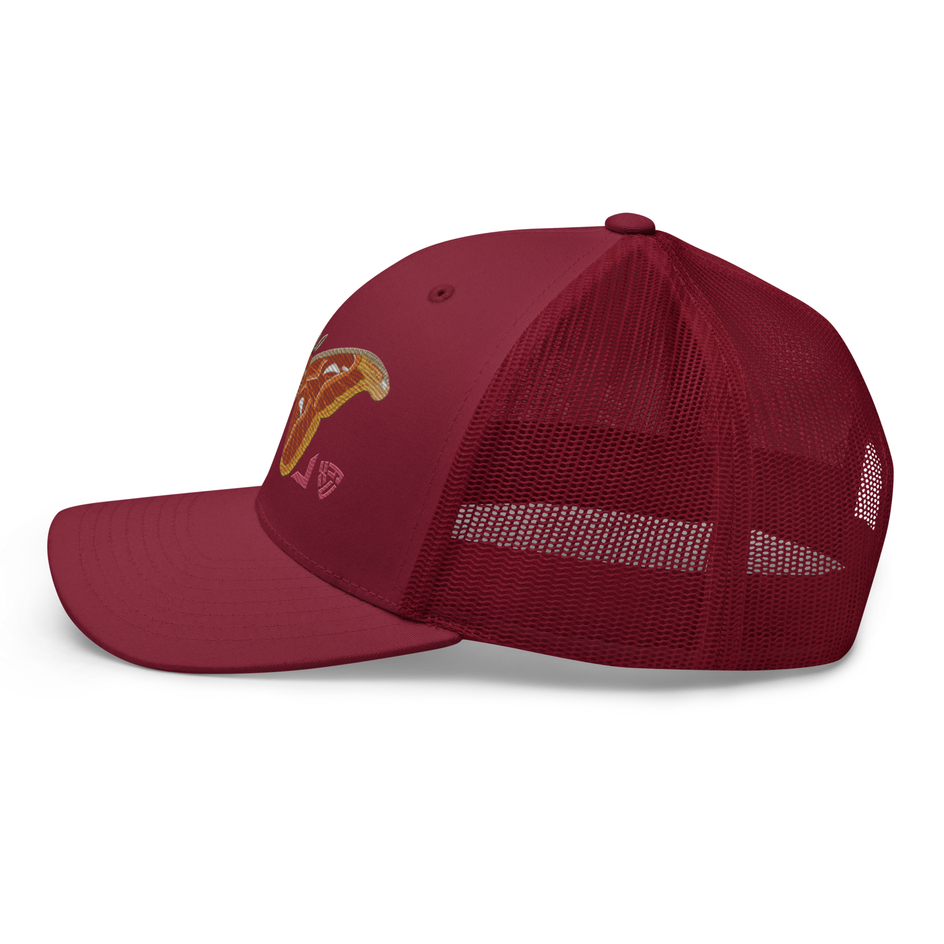 Atlas Moth "Attacus taprobanis" Embroidered Cranberry Red Trucker Hat Left Mockup