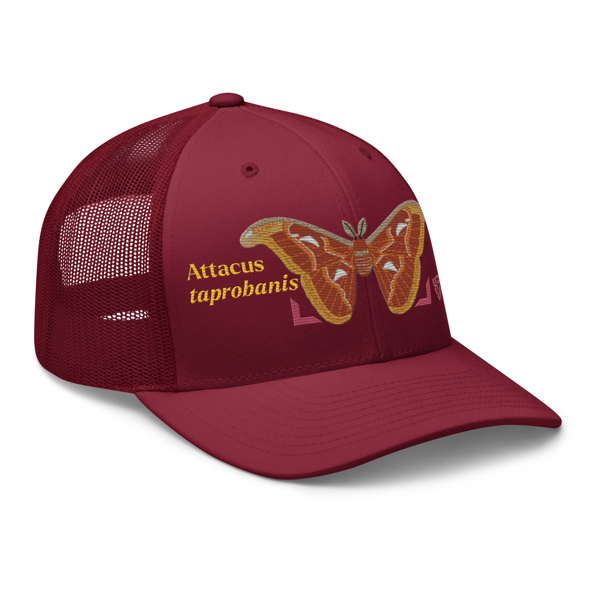 Atlas Moth "Attacus taprobanis" Embroidered Cranberry Red Trucker Hat Right Front Mockup