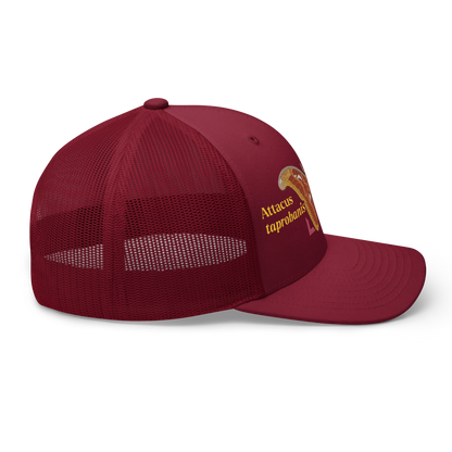 Atlas Moth "Attacus taprobanis" Embroidered Cranberry Red Trucker Hat Right Mockup
