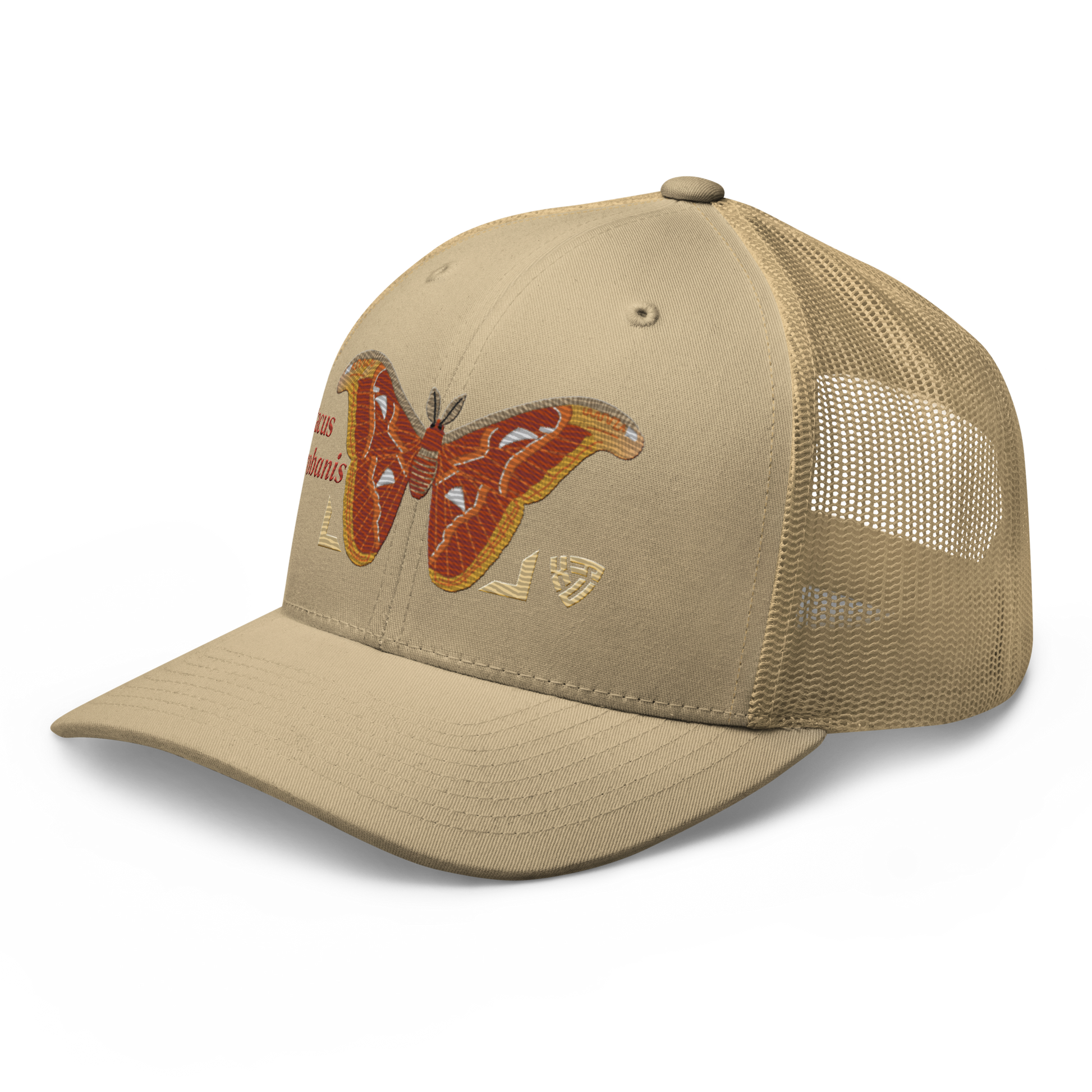 Atlas Moth "Attacus taprobanis" Embroidered Khaki Trucker Hat Left Front Mockup
