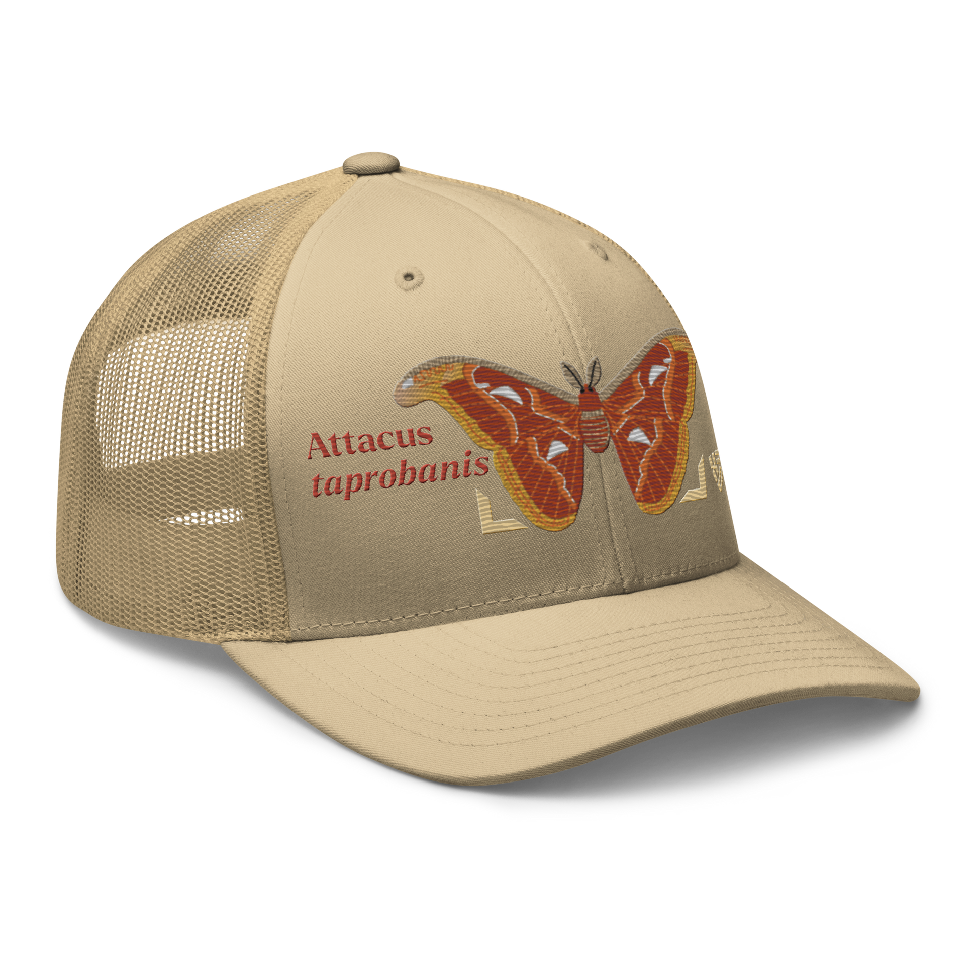 Atlas Moth "Attacus taprobanis" Embroidered Khaki Trucker Hat Right Front Mockup