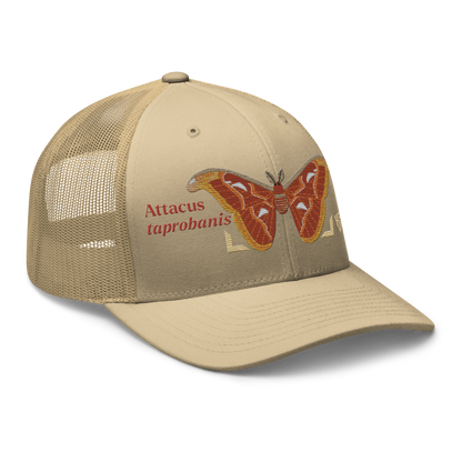 Atlas Moth "Attacus taprobanis" Embroidered Khaki Trucker Hat Right Front Mockup