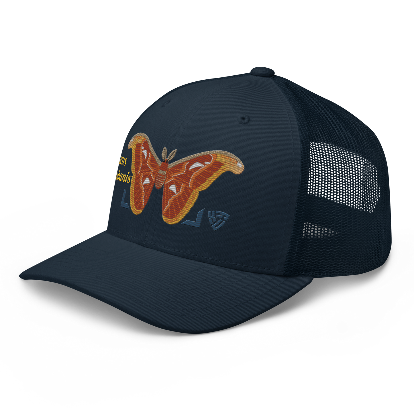 Atlas Moth "Attacus taprobanis" Embroidered Navy Blue Trucker Hat Left Front Mockup