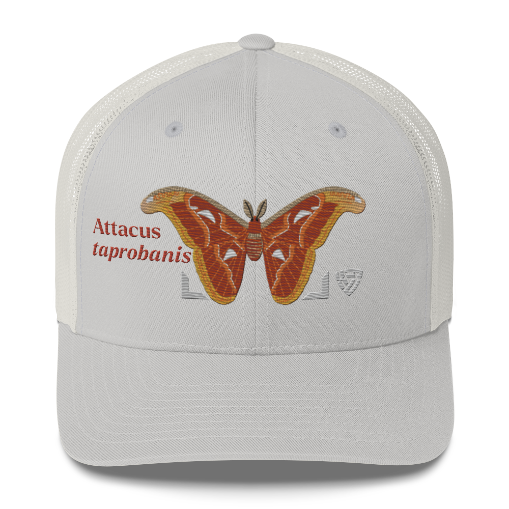 Atlas Moth "Attacus taprobanis" Embroidered Silver Trucker Hat Front Mockup