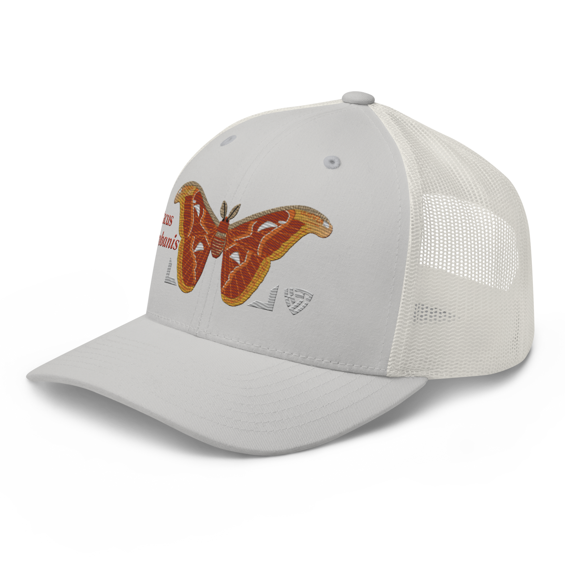 Atlas Moth "Attacus taprobanis" Embroidered Silver Trucker Hat Left Front Mockup