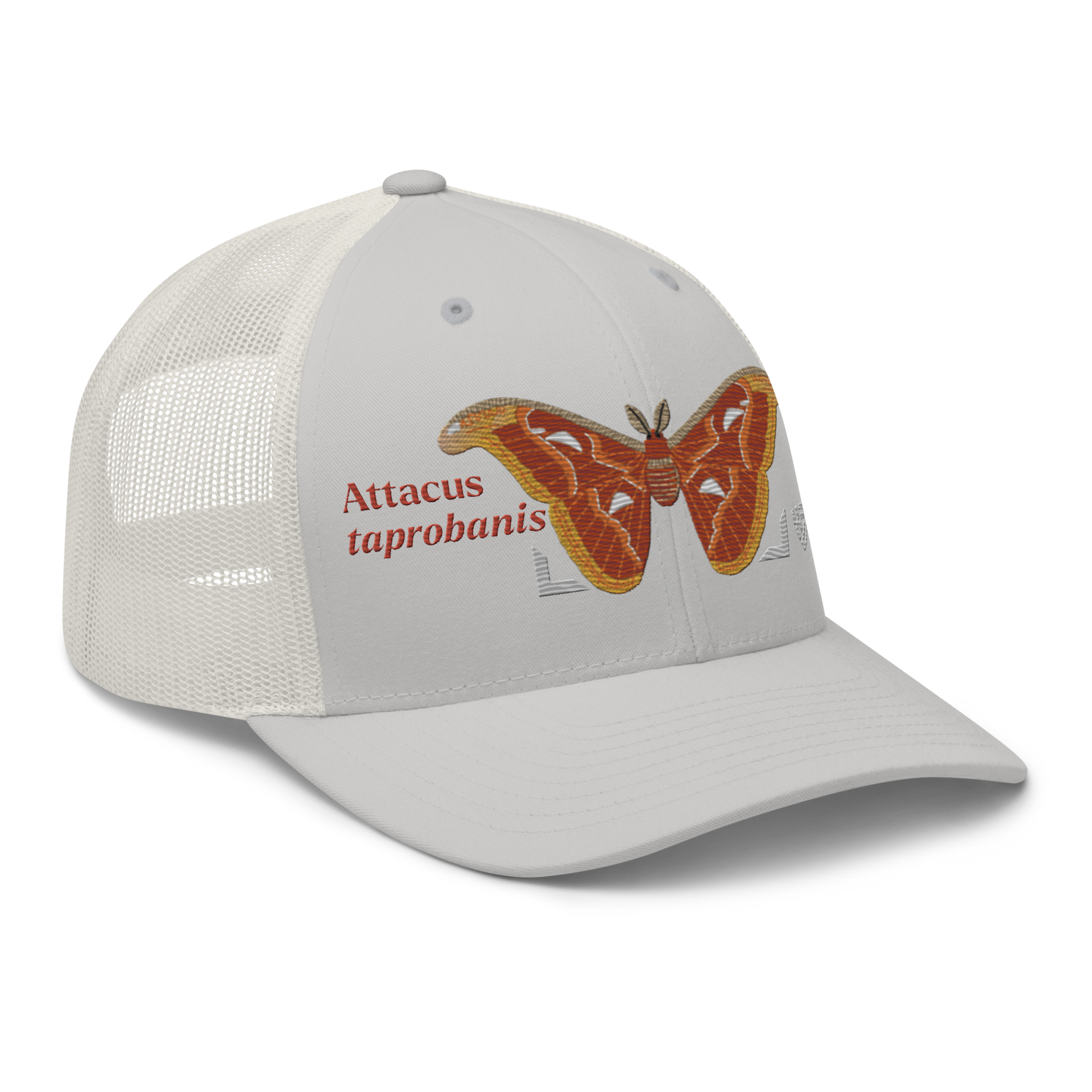 Atlas Moth "Attacus taprobanis" Embroidered Silver Trucker Hat Right Front Mockup