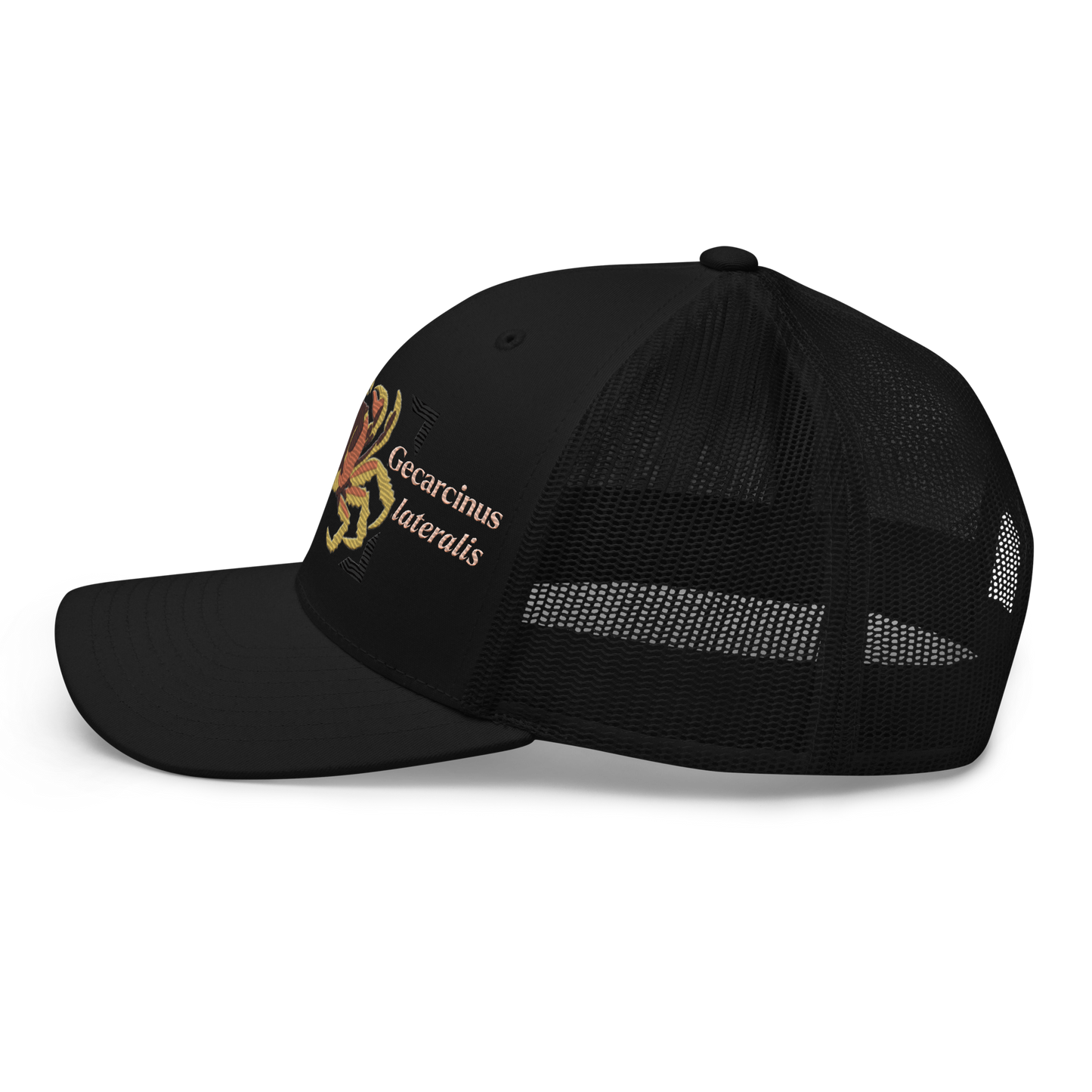 Blackback Land Crab "Gecarcinus lateralis" Embroidered Black Trucker Hat Left Mockup