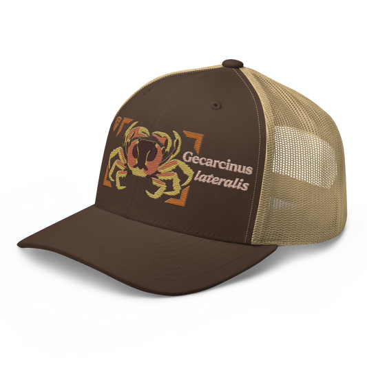 Blackback Land Crab "Gecarcinus lateralis" Embroidered Brown & Khaki Trucker Hat Left Front Mockup