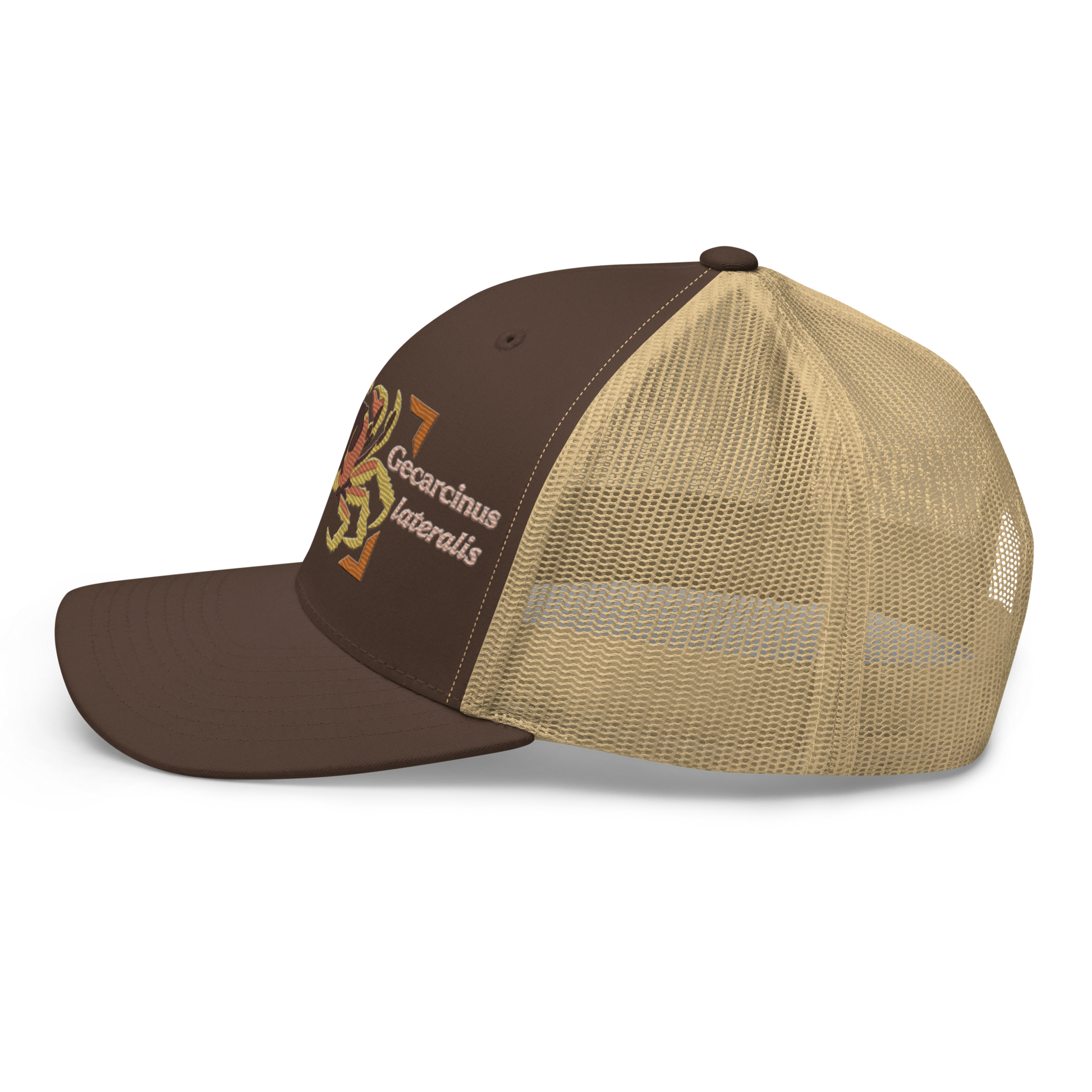 Blackback Land Crab "Gecarcinus lateralis" Embroidered Brown & Khaki Trucker Hat Left Mockup