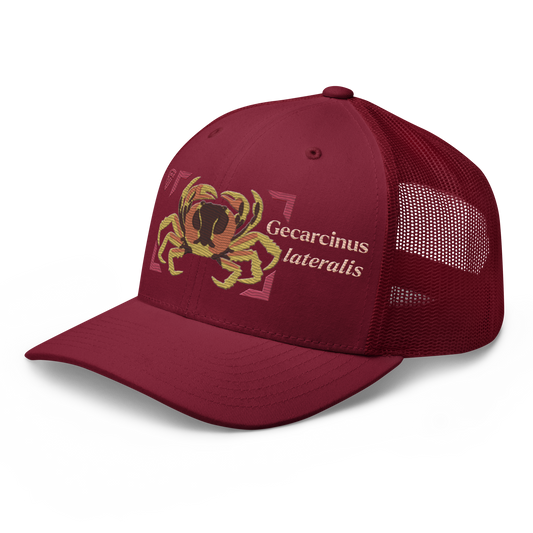 Blackback Land Crab "Gecarcinus lateralis" Embroidered Cranberry Red Trucker Hat Left Front Mockup
