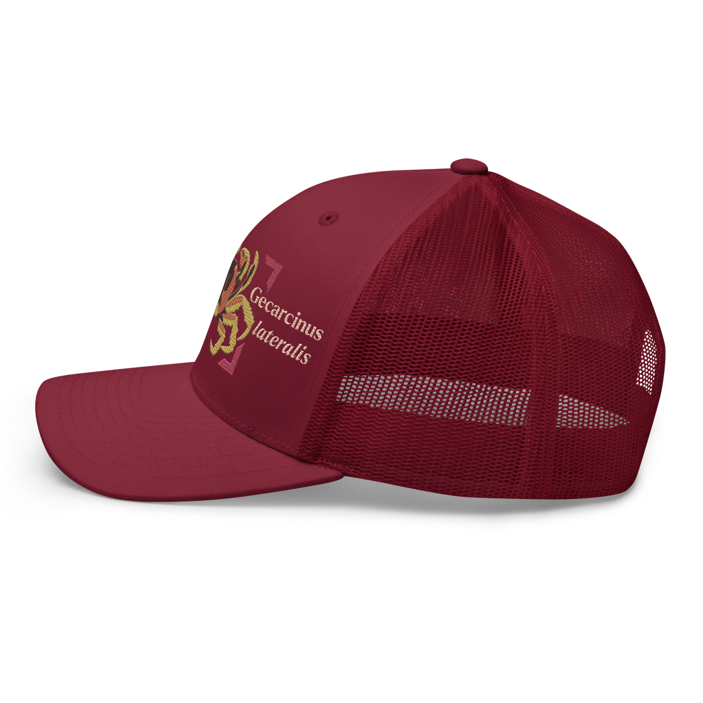 Blackback Land Crab "Gecarcinus lateralis" Embroidered Cranberry Red Trucker Hat Left Mockup