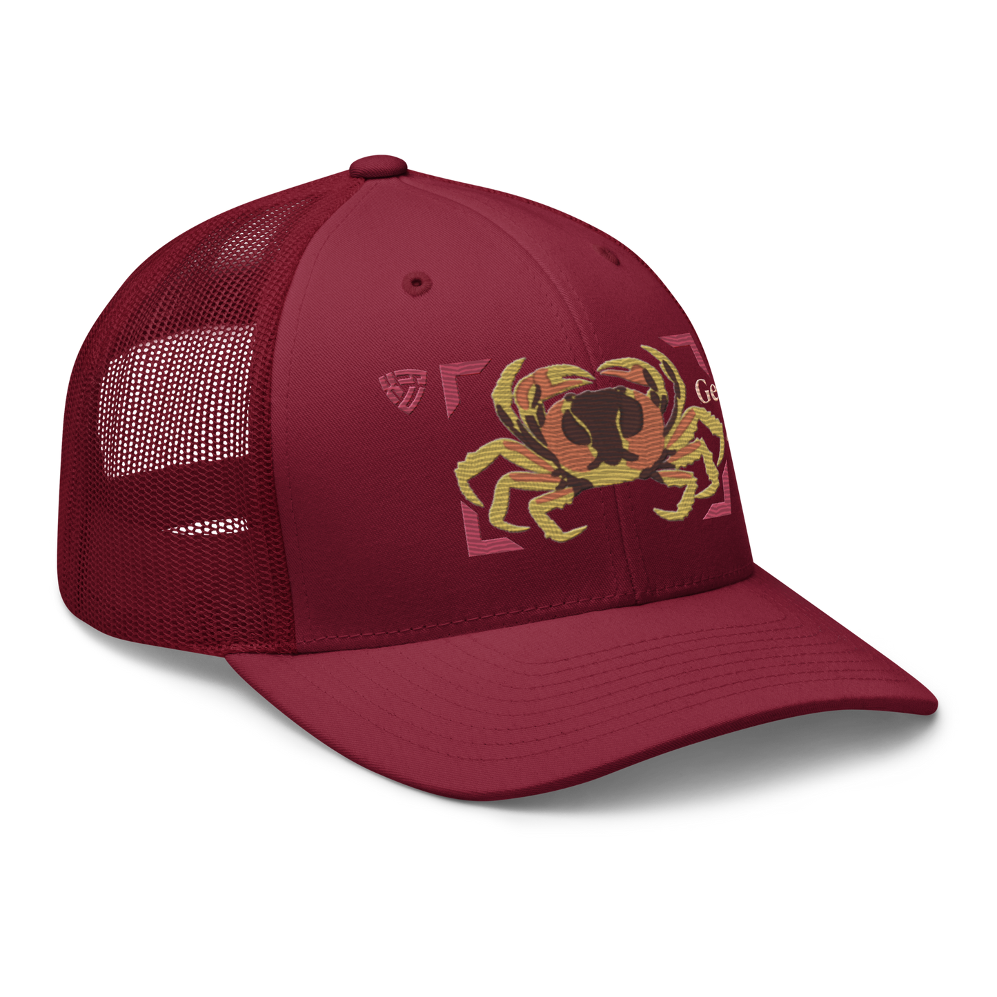Blackback Land Crab "Gecarcinus lateralis" Embroidered Cranberry Red Trucker Hat Right Front Mockup