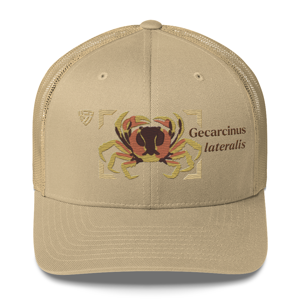 Blackback Land Crab "Gecarcinus lateralis" Embroidered Khaki Trucker Hat Front Mockup