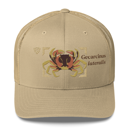 Blackback Land Crab "Gecarcinus lateralis" Embroidered Khaki Trucker Hat Front Mockup