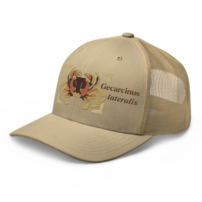 Blackback Land Crab "Gecarcinus lateralis" Embroidered Khaki Trucker Hat Left Front Mockup