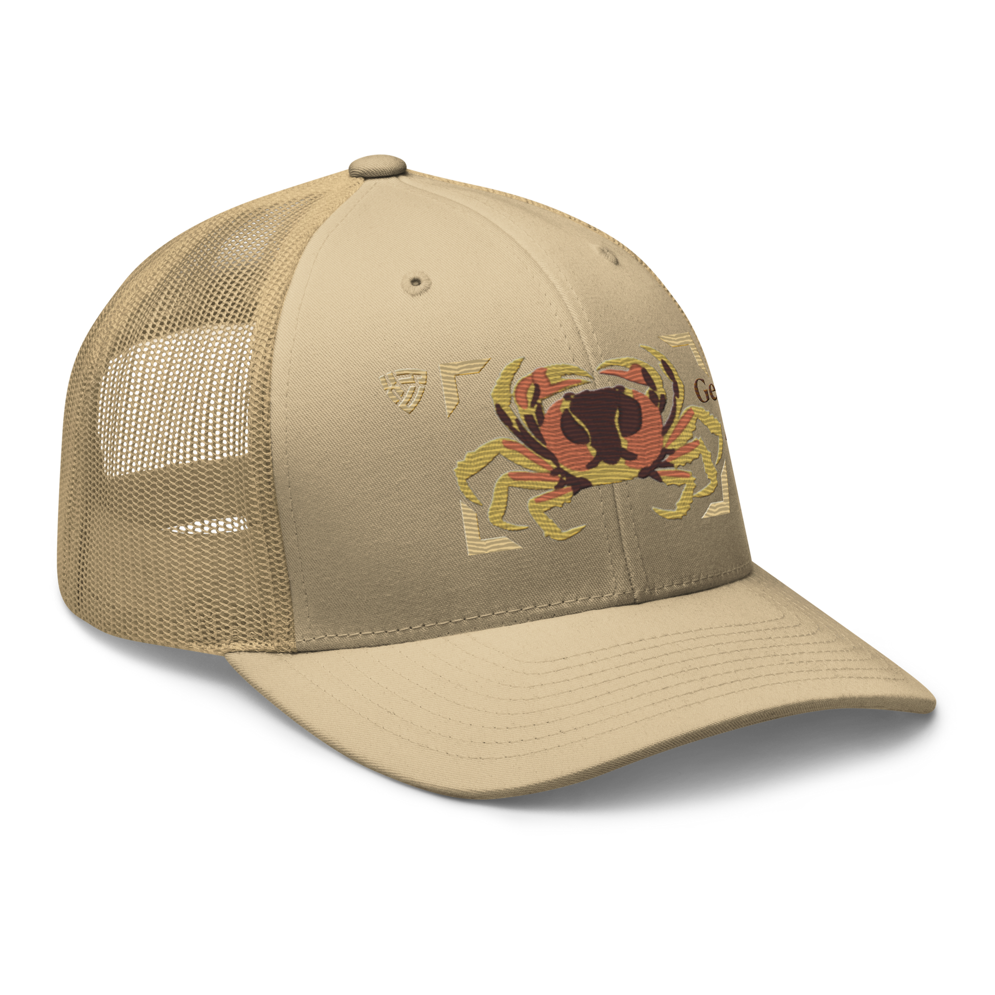 Blackback Land Crab "Gecarcinus lateralis" Embroidered Khaki Trucker Hat Right Front Mockup
