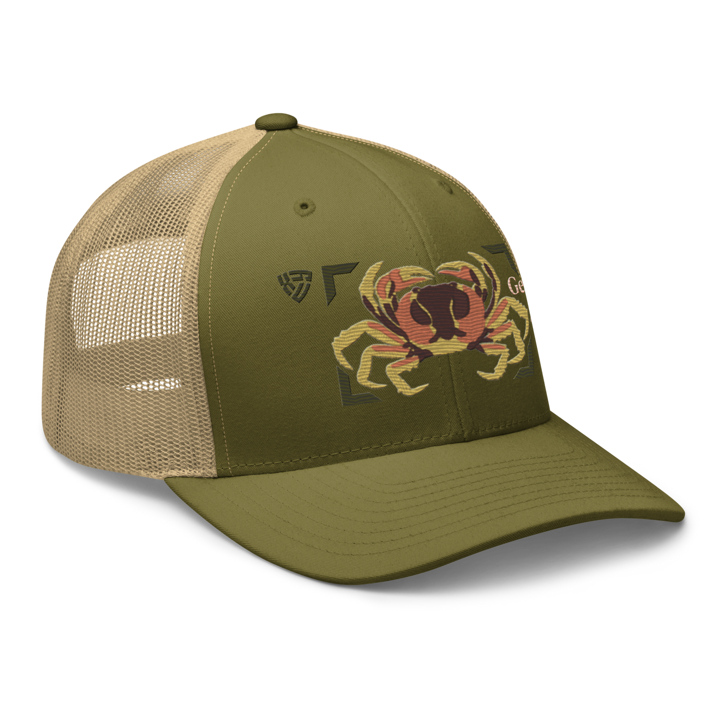 Blackback Land Crab "Gecarcinus lateralis" Embroidered Moss Green & Khaki Trucker Hat Right Front Mockup