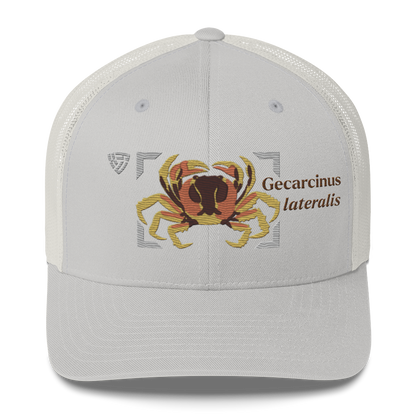 Blackback Land Crab "Gecarcinus lateralis" Embroidered Silver Trucker Hat Front Mockup
