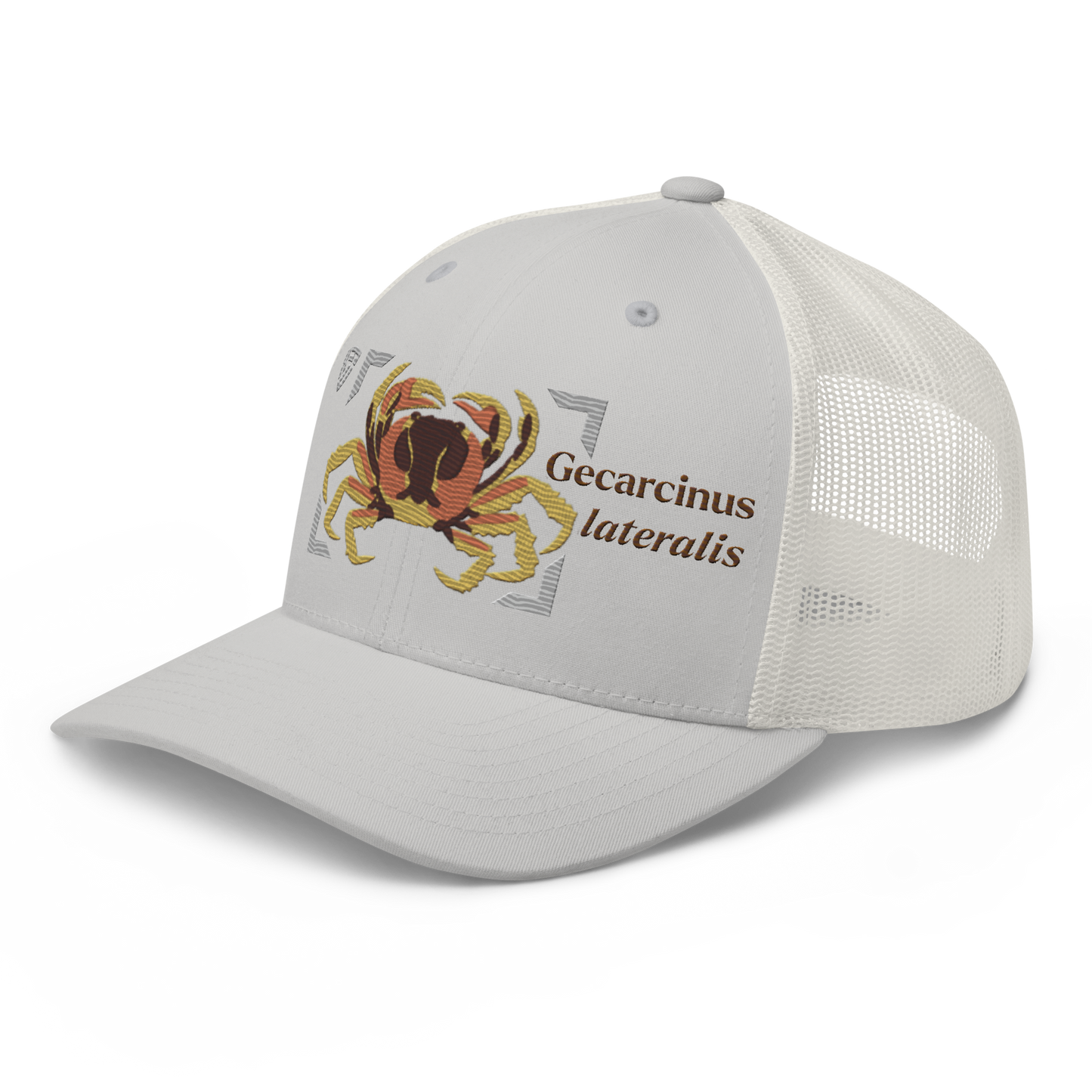 Blackback Land Crab "Gecarcinus lateralis" Embroidered Silver Trucker Hat Left Front Mockup
