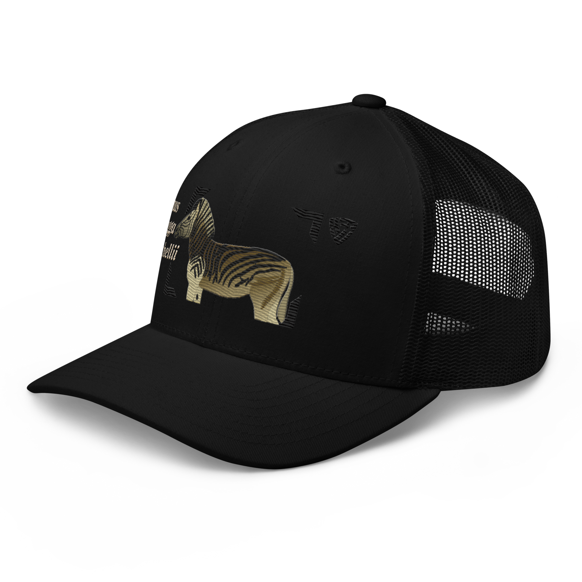 Bontequagga "Equua quagga burchellii" Embroidered Black Trucker Hat Left Front Mockup